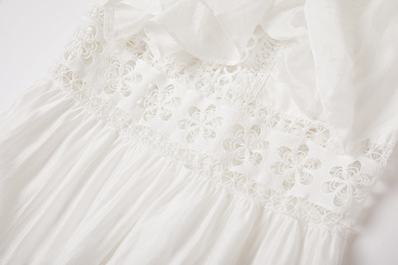 Eyelet Lace Cut Out Tiered Flutter Sleeve Ruffle Collar Maxi Dress - View 14
