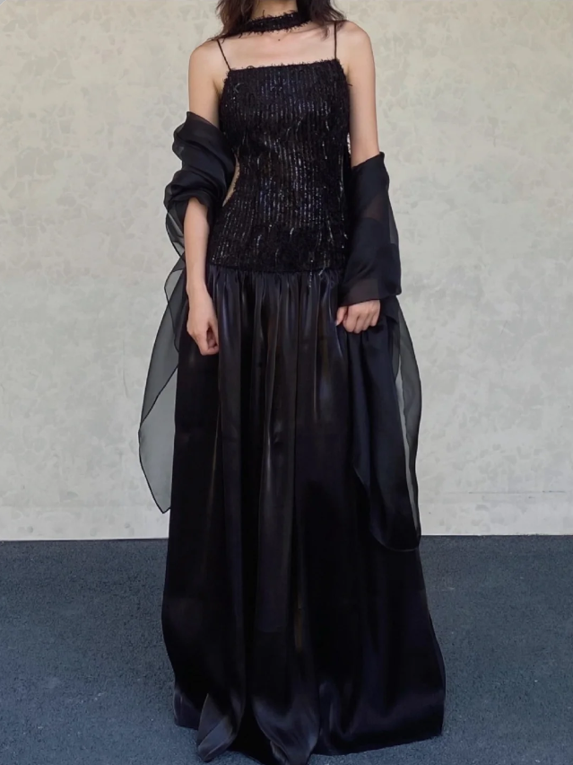 Elegant Black A-line Square Neck Spaghetti Strap Sequined Tulle Long Prom Dress Evening Dress P4127