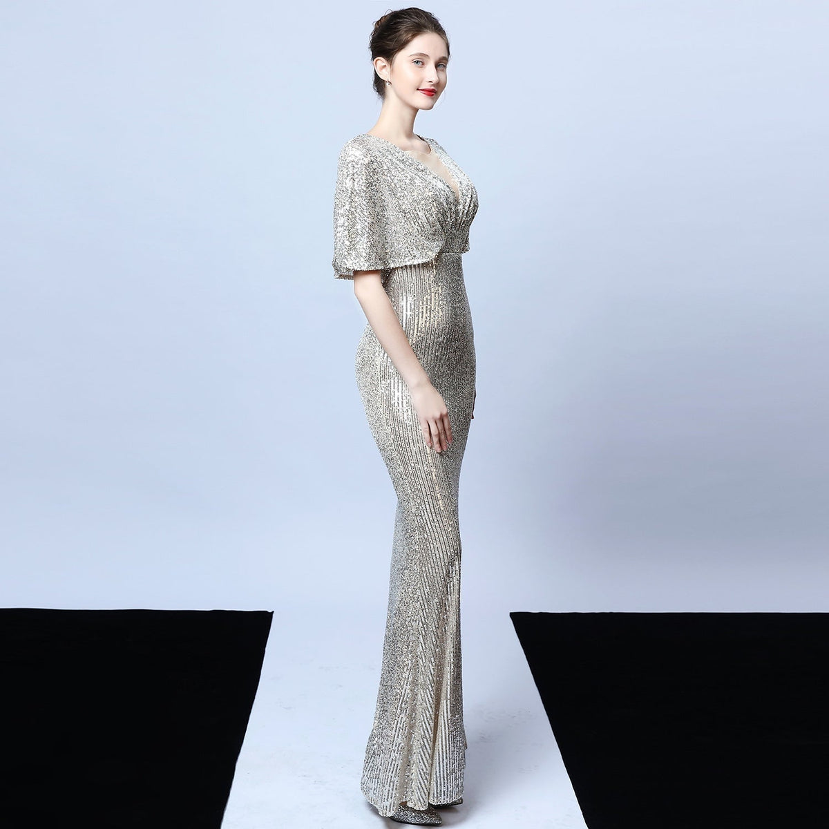Sequin V-Neck Flutter Sleeve Mermaid Gown
