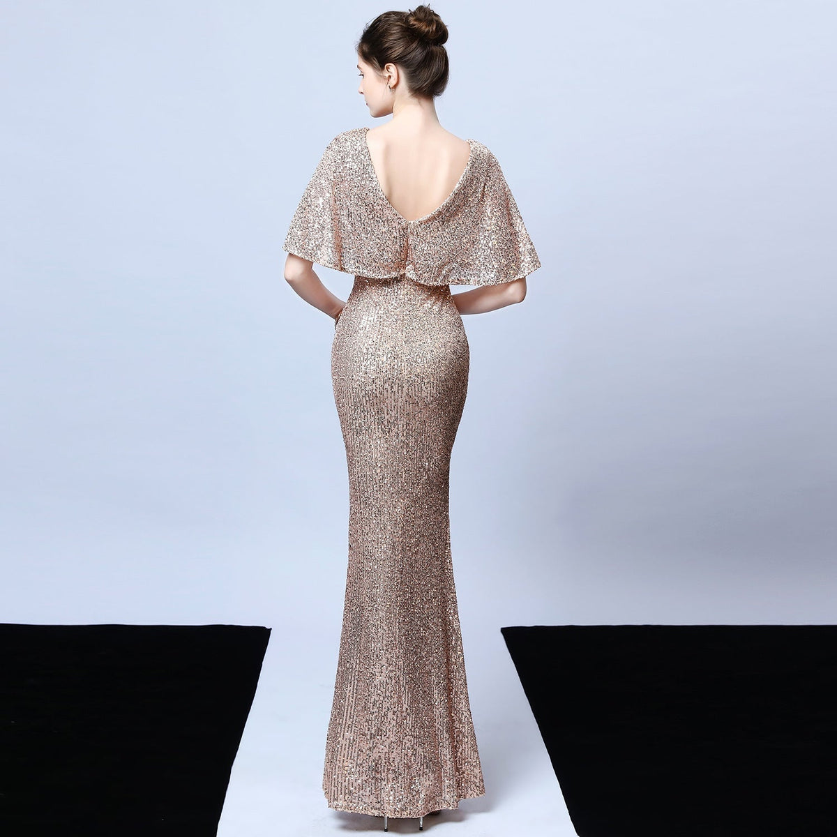 Sequin V-Neck Flutter Sleeve Mermaid Gown