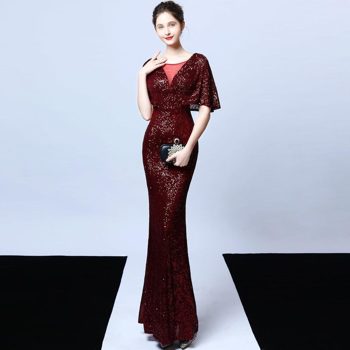 Sequin V-Neck Flutter Sleeve Mermaid Gown