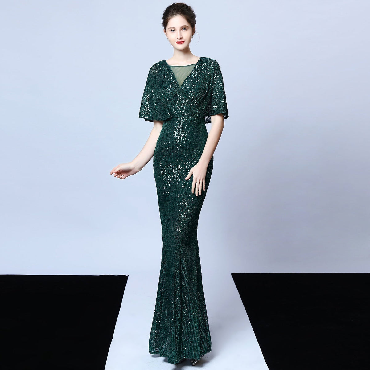 Sequin Round Neck Flutter Sleeve Mesh Yoke Mermaid Maxi Gown
