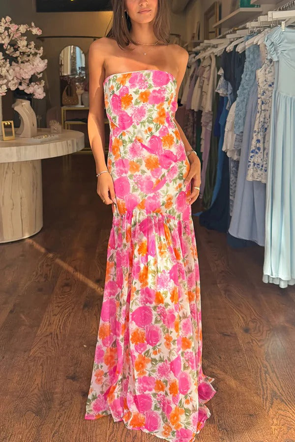 Floral Print Elegant Strapless Fitted Slit Maxi Dress - Fashionpara