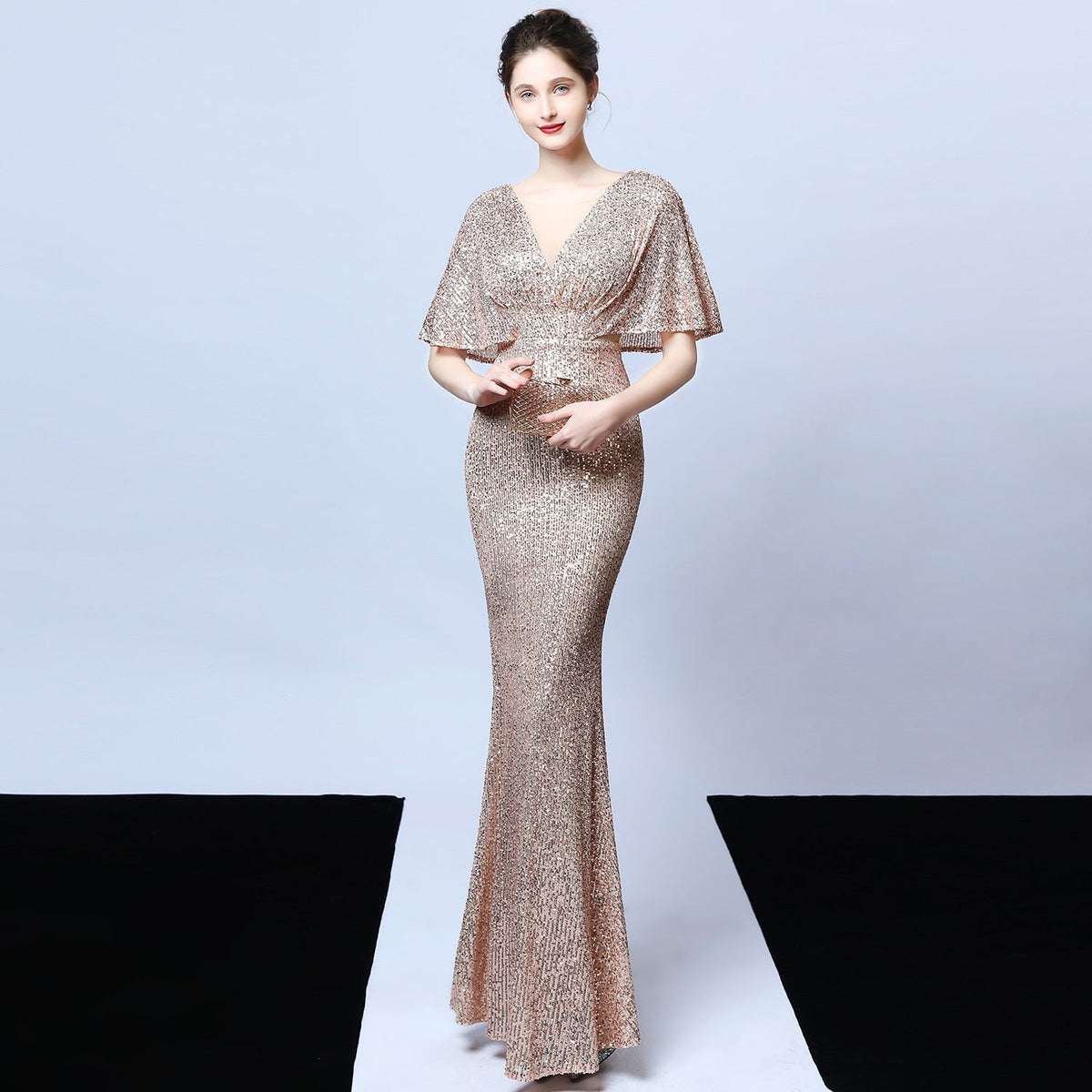Sequin V-Neck Flutter Sleeve Mermaid Gown