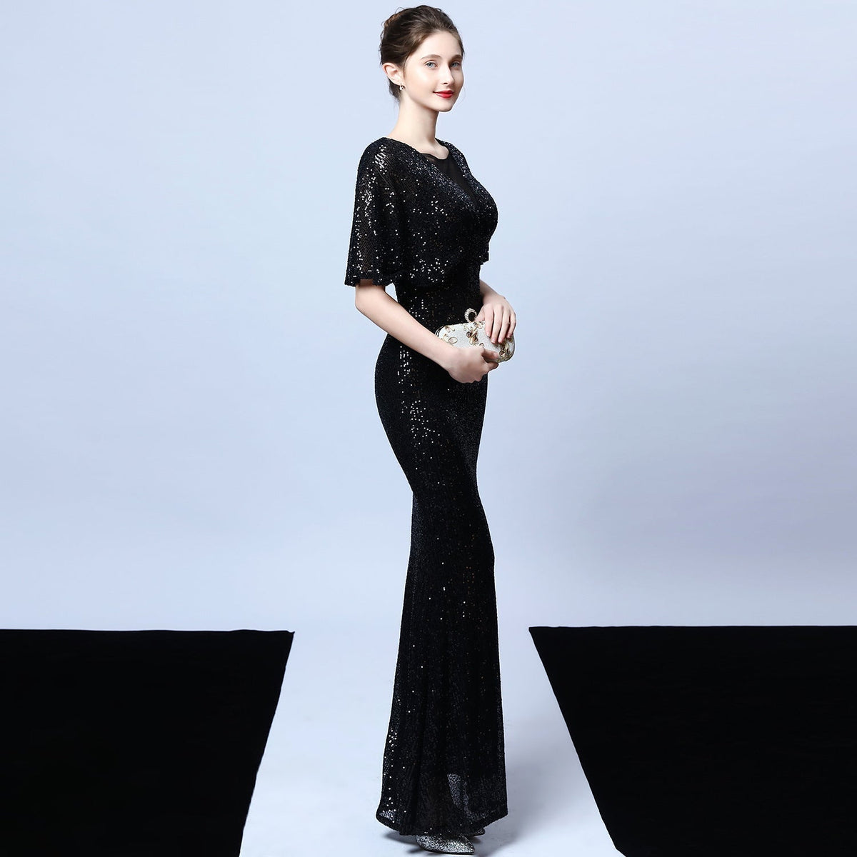 Sequin V-Neck Flutter Sleeve Mermaid Gown