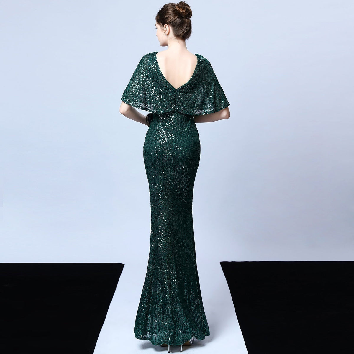 Sequin V-Neck Flutter Sleeve Mermaid Gown