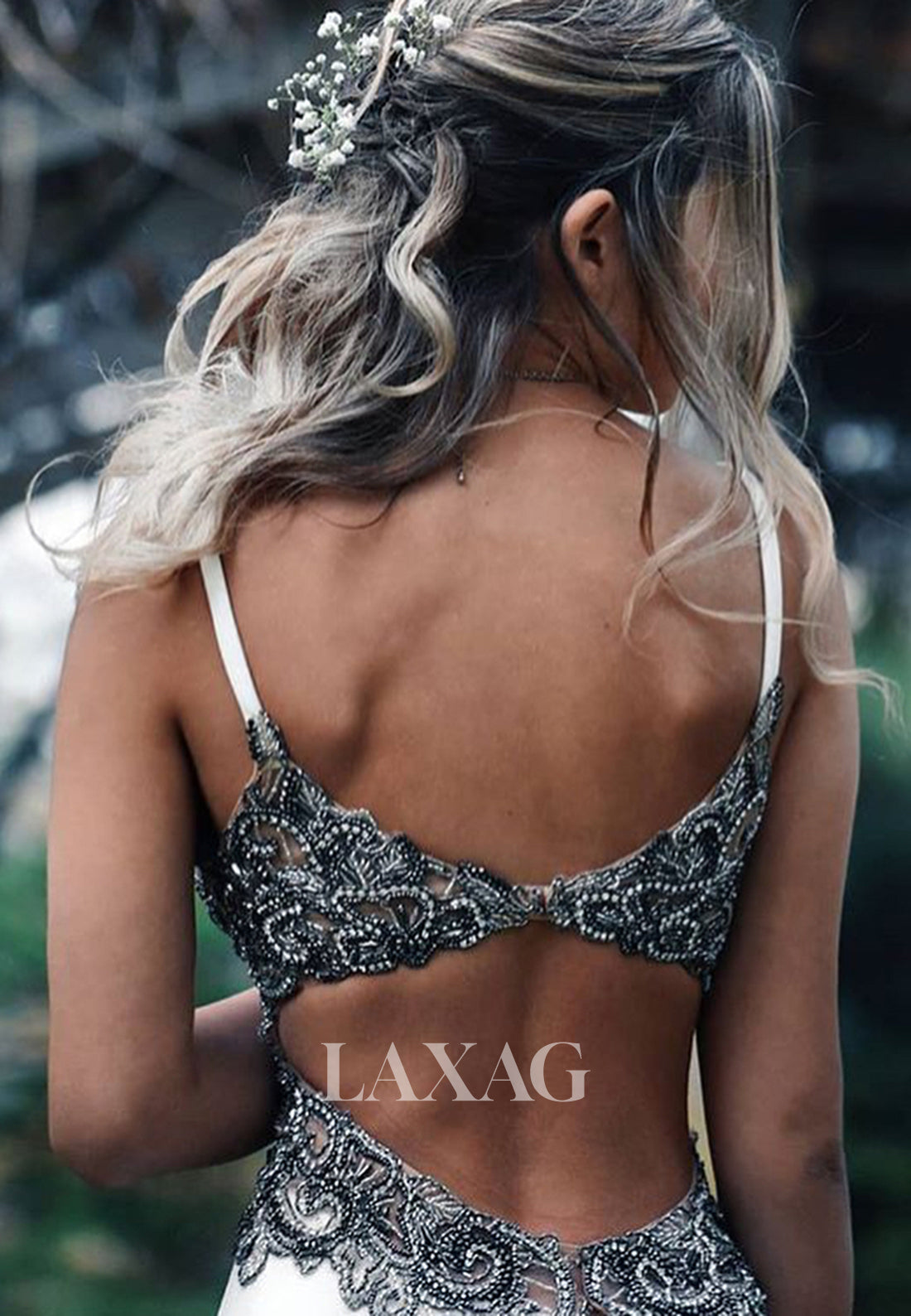 V-Neck Sleeveless Long Cutout Open Back Satin Formal Gowns Beaded Mermaid Prom Dress - Fashionpara