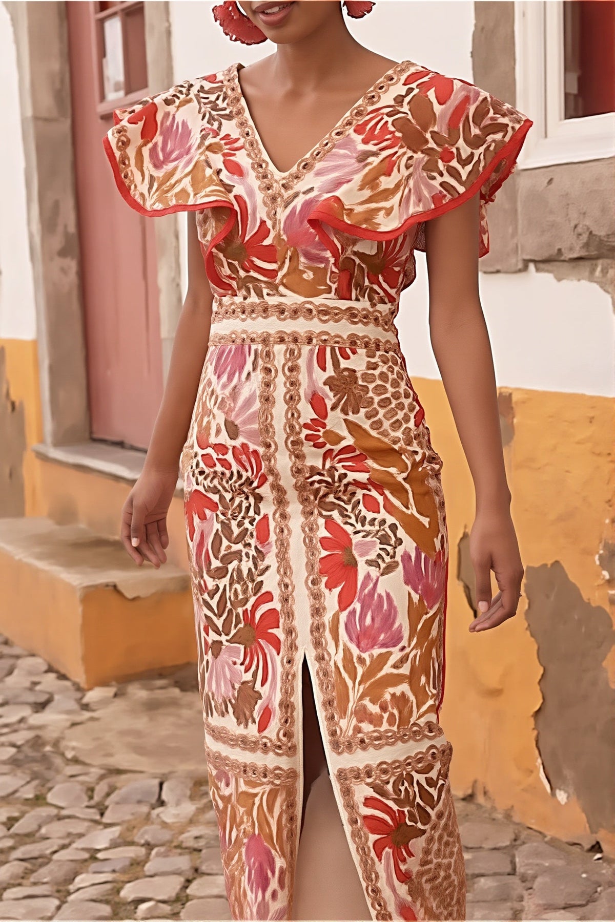 Floral Print Flutter Sleeve Front Split Midi Dress