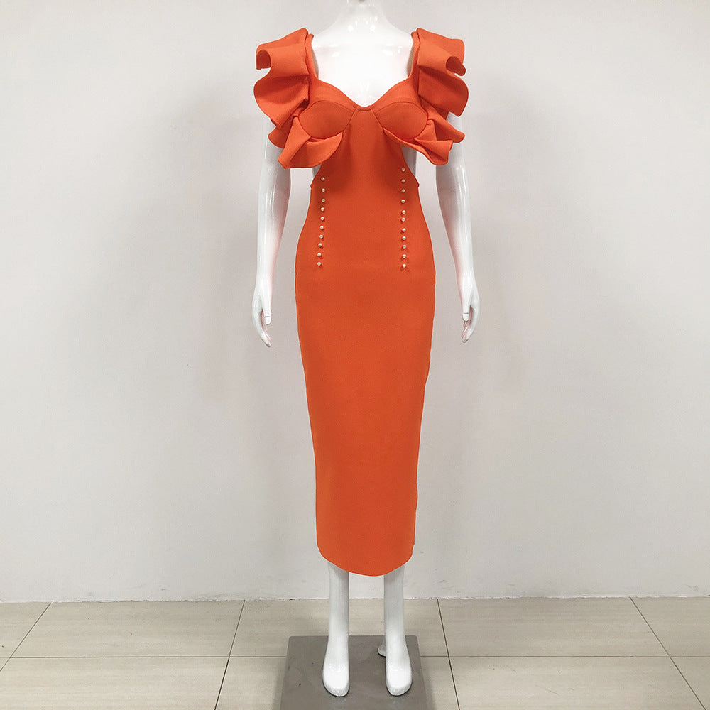 Deep V-Neck Ruffle Sleeve Side Cut Out Pearl Button Bodycon Midi Dress - View 3