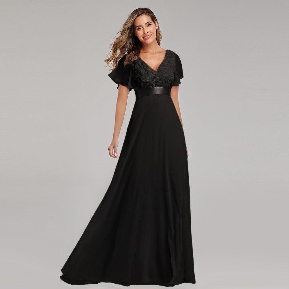 Chiffon V-Neck Flutter Sleeve Pleated A-Line Maxi Dress - View 6