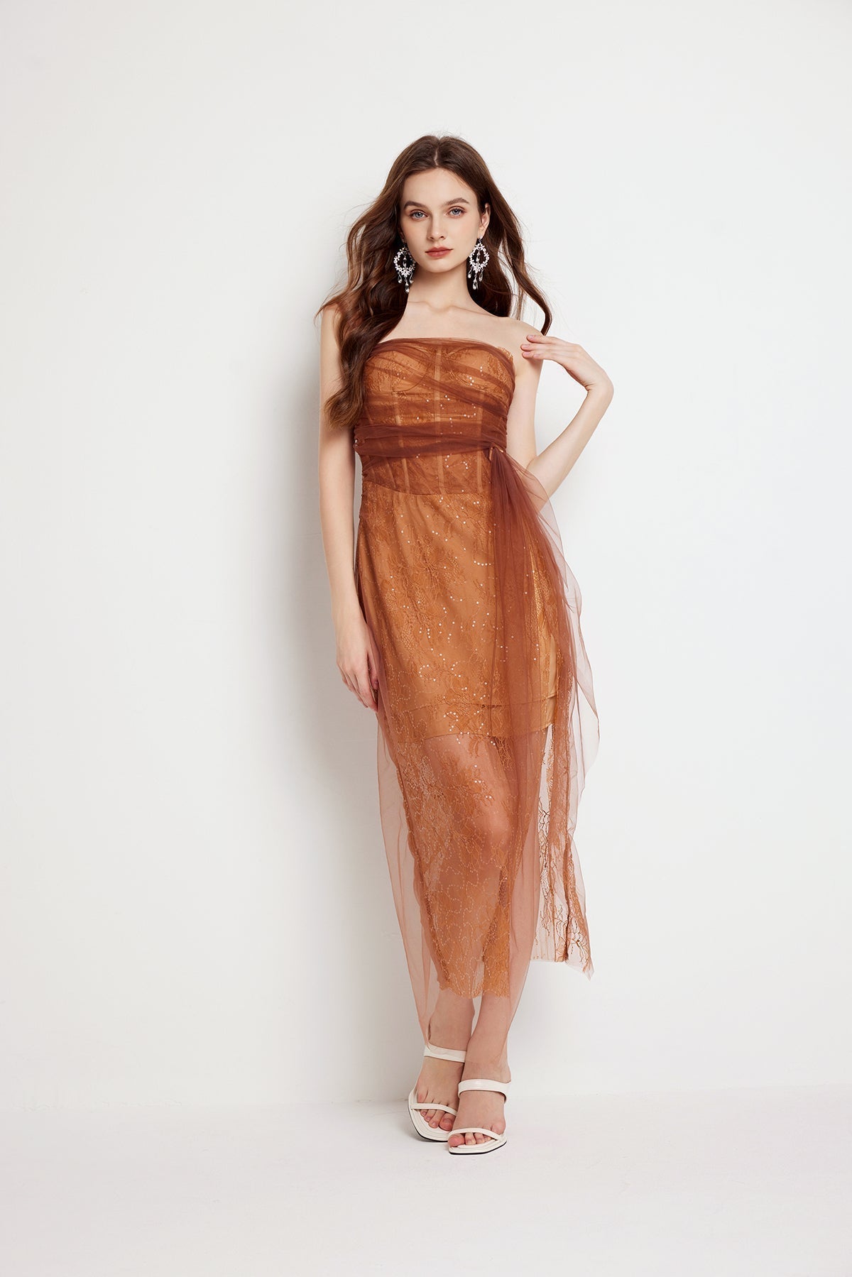 Floral Lace Strapless Tulle Drape Wrap Tie Sheer Midi Dress - View 9