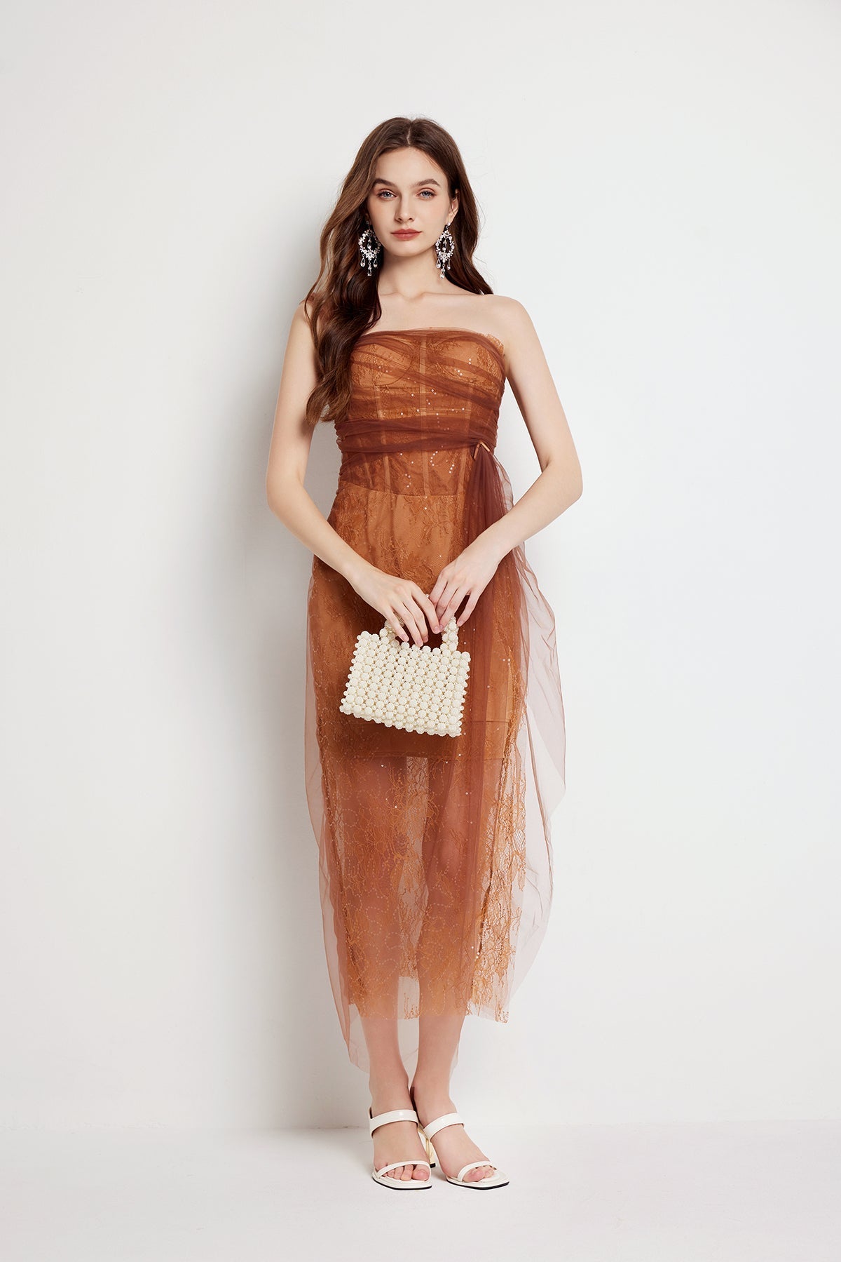 Floral Lace Strapless Tulle Drape Wrap Tie Sheer Midi Dress - View 3
