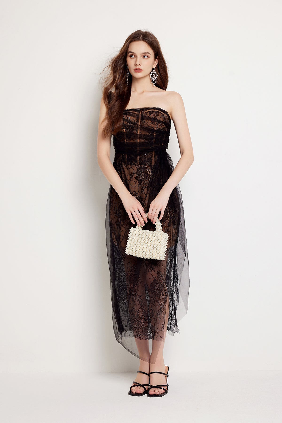 Floral Lace Strapless Tulle Drape Wrap Tie Sheer Midi Dress - View 5
