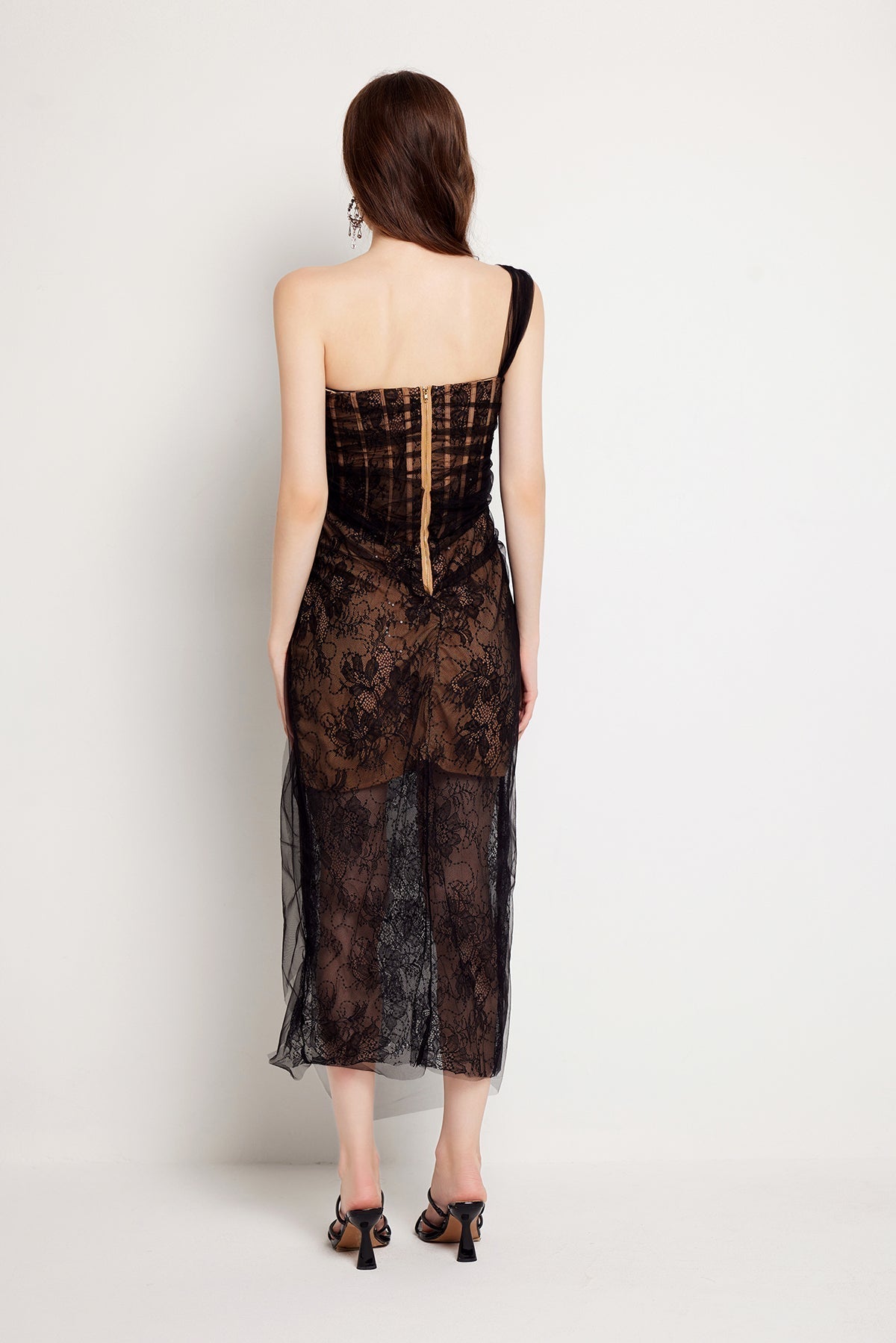 Floral Lace Strapless Tulle Drape Wrap Tie Sheer Midi Dress - View 6