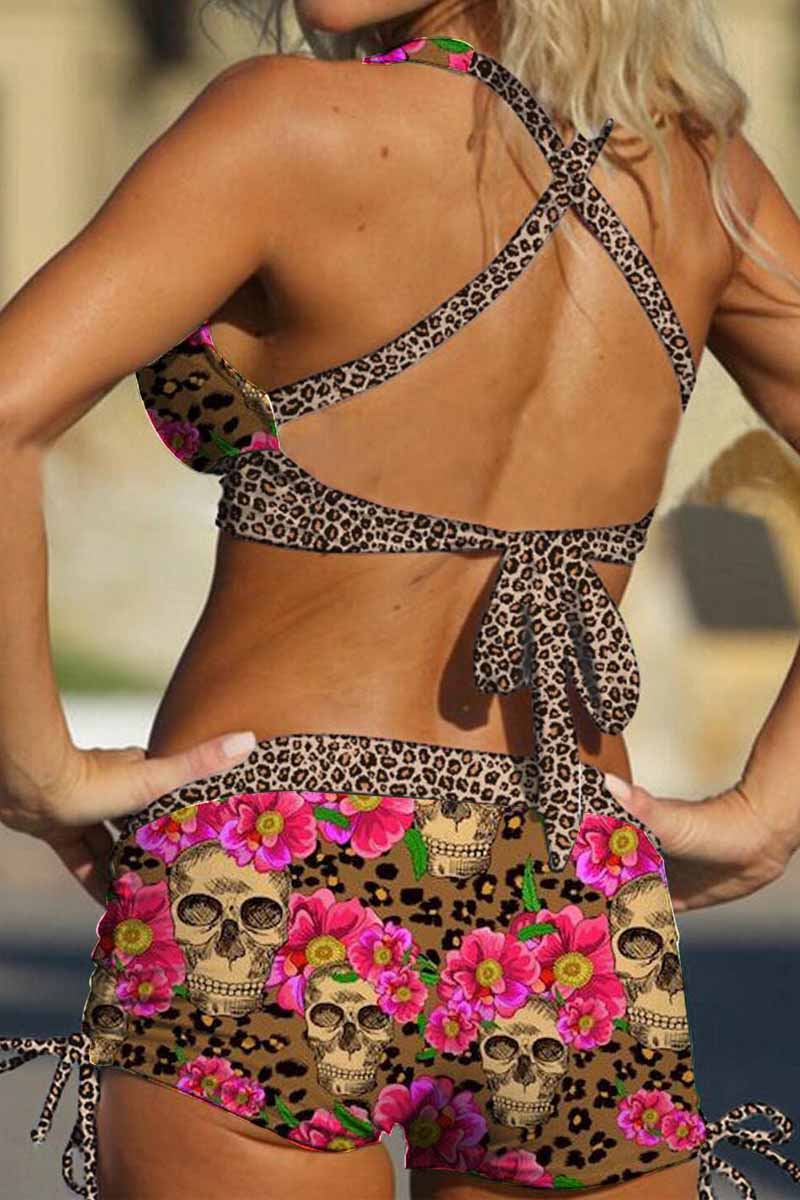 🔥Pink Leopard Drawstring Side Two Piece Swimwear - Fashionpara