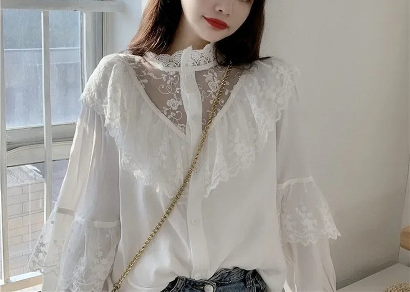 Lace Up Ruffled Sweet Loose Spring Blouse