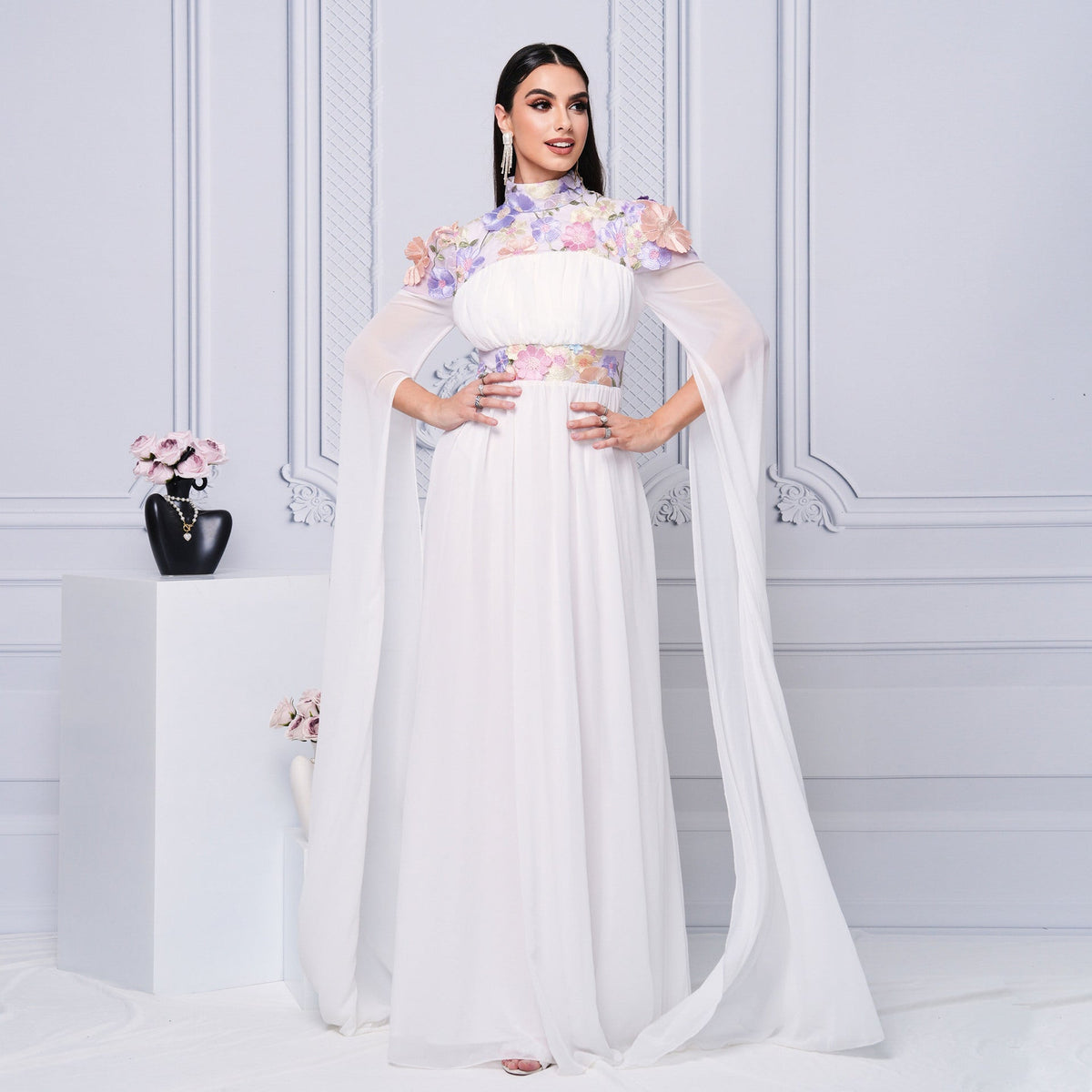 High Neck 3D Floral Applique Cape Sleeve Pleated Chiffon Maxi Gown