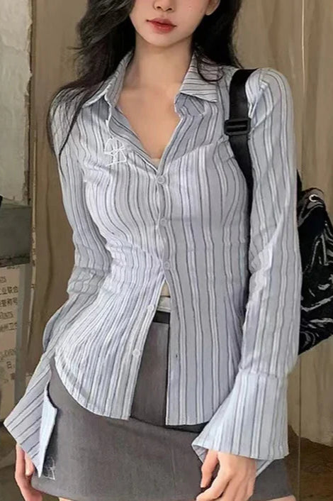 Embroidered Striped Slim Lapel Blouse