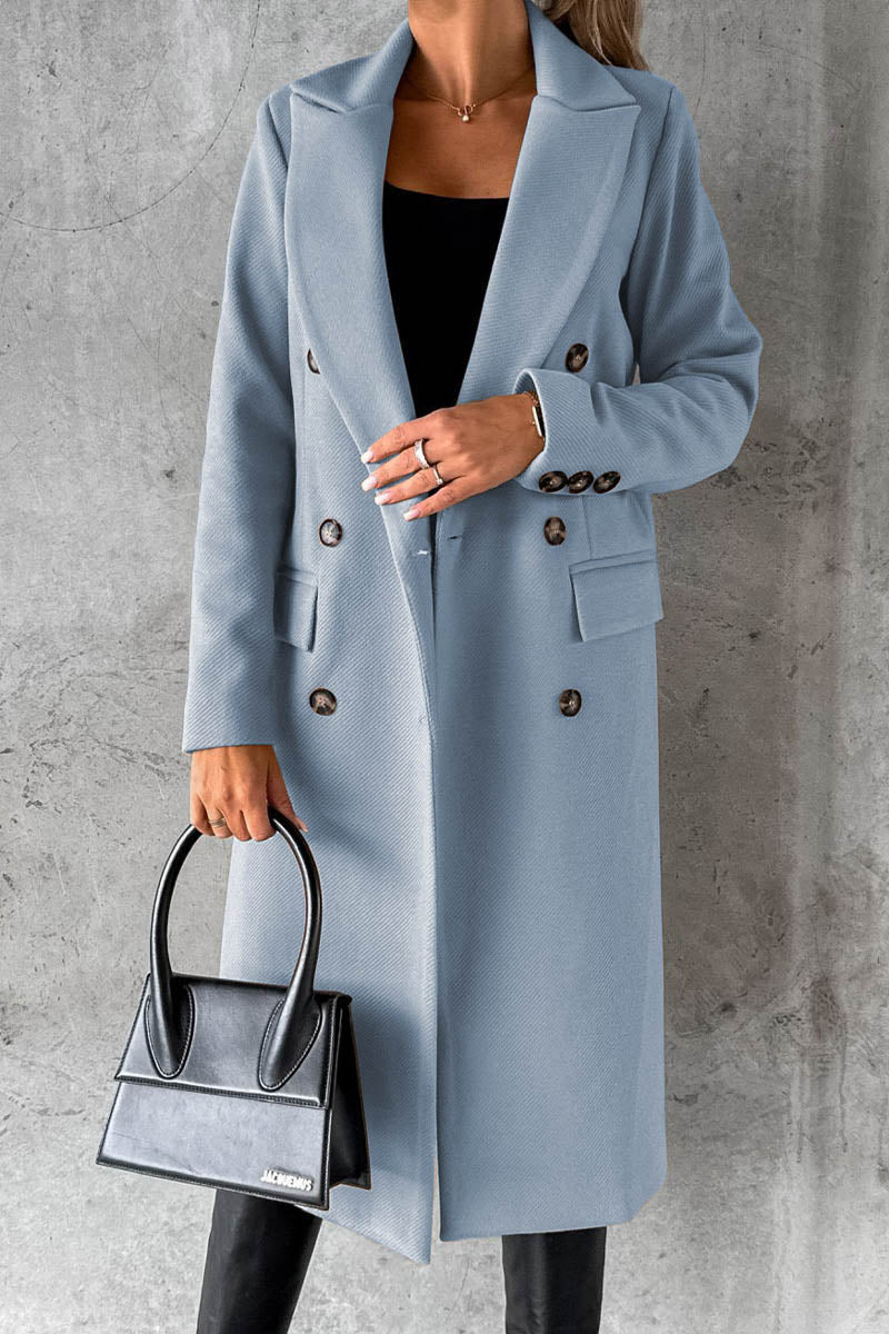 Solid Color Long Sleeve Double Breasted Coat with Pockets - Fashionpara