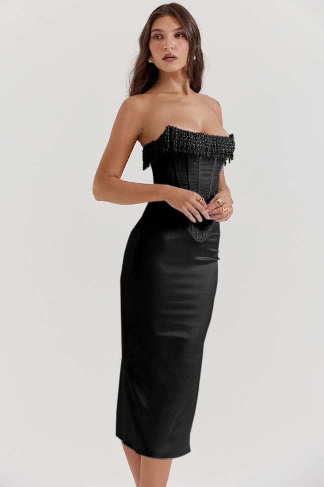 Pearl Beaded Fringe Strapless Corset Bodice Bodycon Midi Dress - View 15