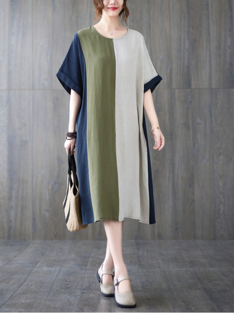 Round Neck Short Sleeve Contrast Panel Shift Midi Dress 5