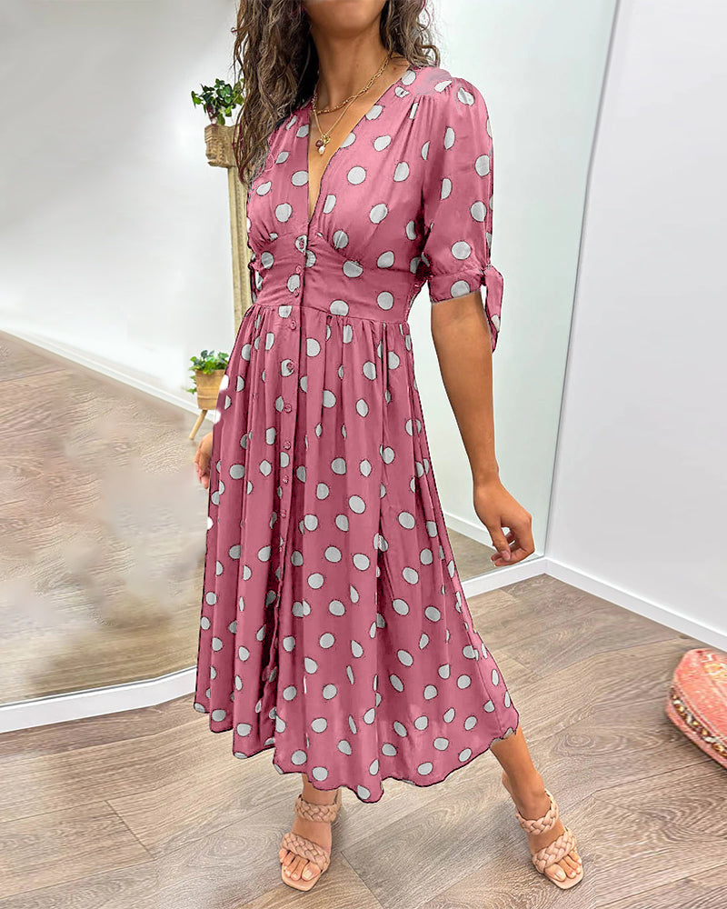 Polka Dot Deep V-Neck Button Front Puff Sleeve Tie Cuff Midi Dress - View 14