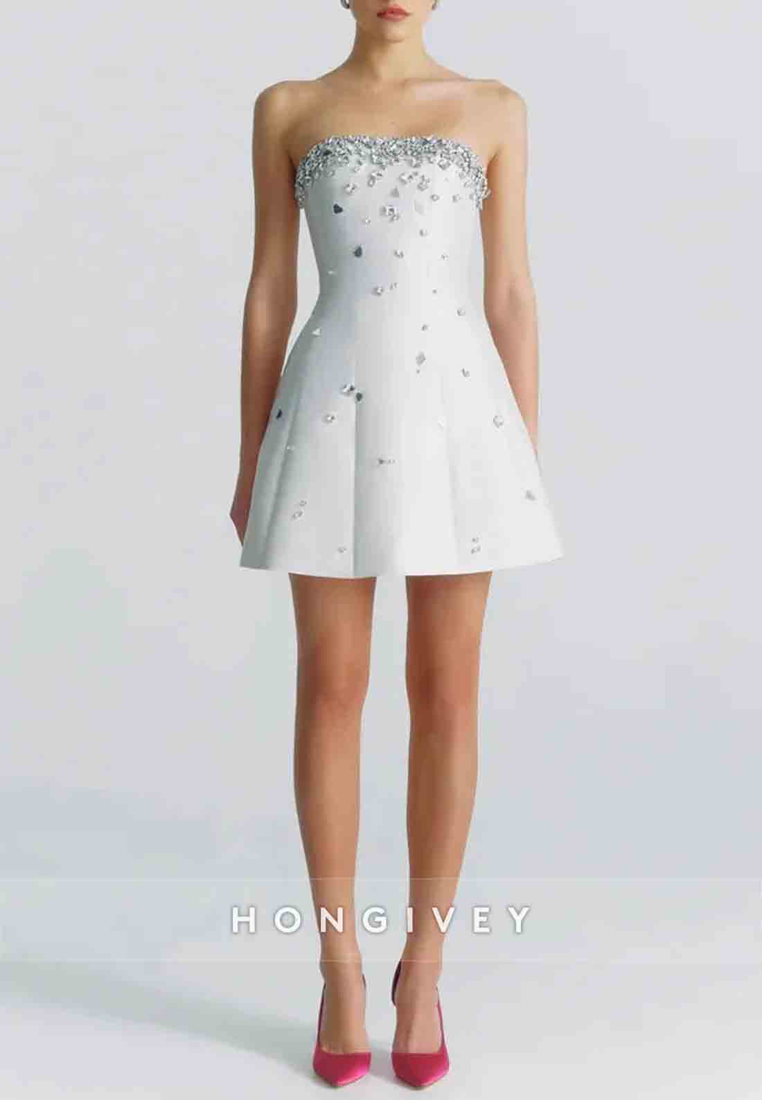 Strapless Beading Satin Sleeveless A-Line Satin Mini Homecoming Dresses