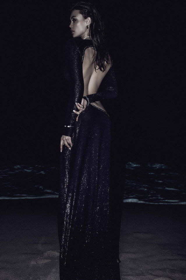 Sequin Long Sleeve Open Back High Slit Maxi Gown