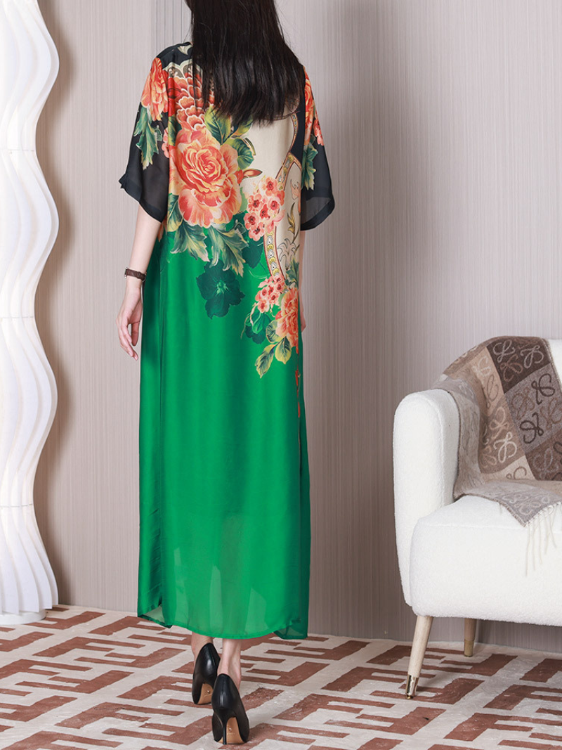 Floral Medallion Round Neck Chiffon-Panel A-Line Maxi Dress 4