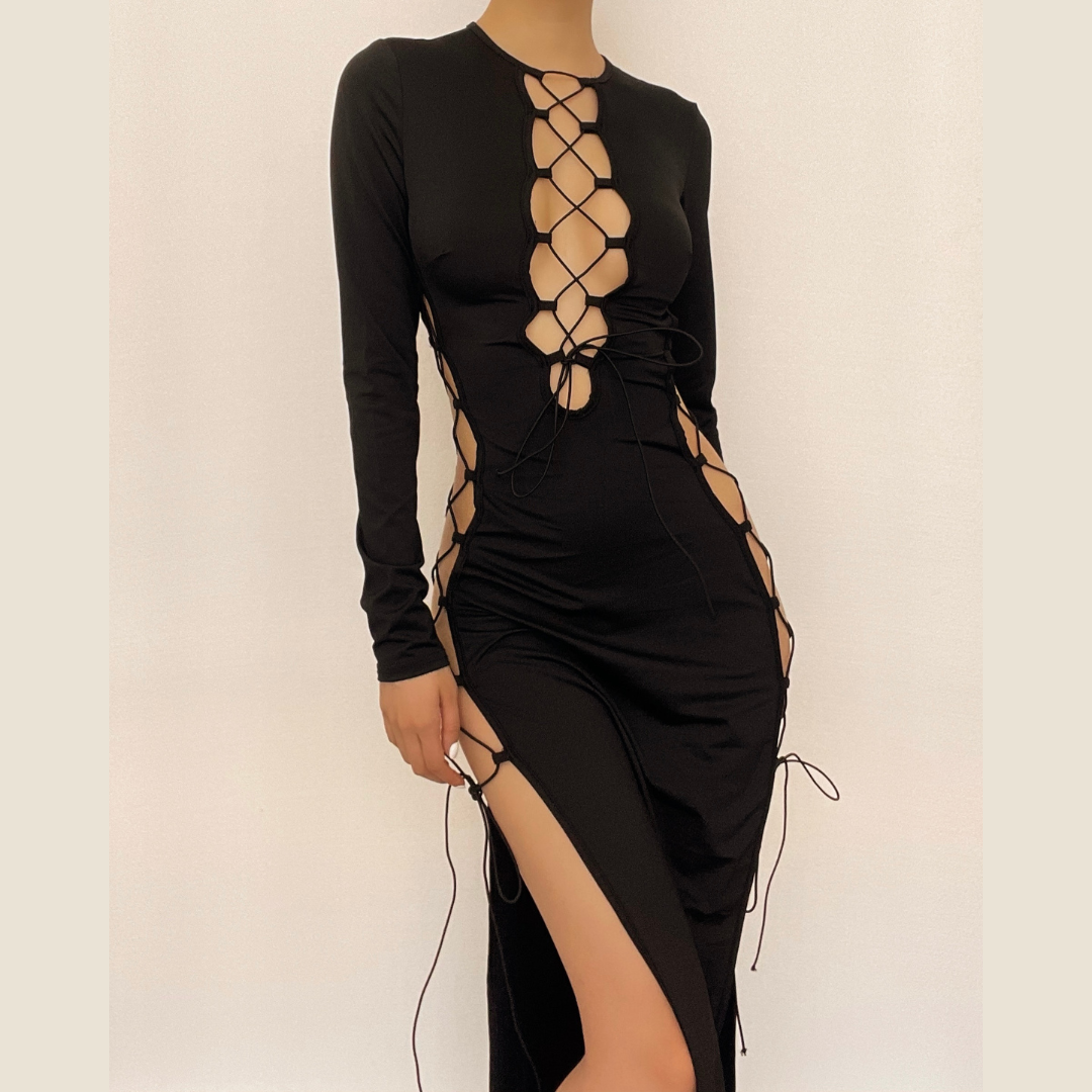 Long sleeve solid hollow out slit self tie lace up midi dress - View 2