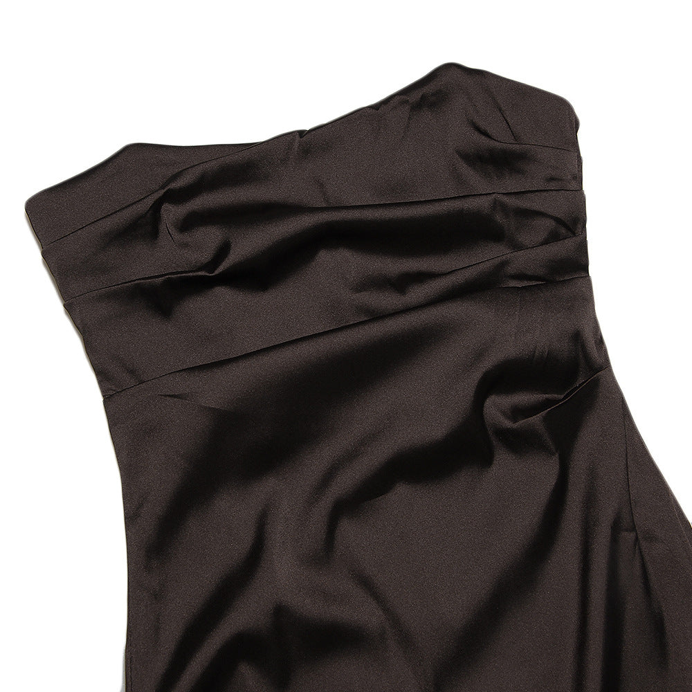 Strapless Ruched Satin Asymmetric-Hem Bodycon Mini Dress 11