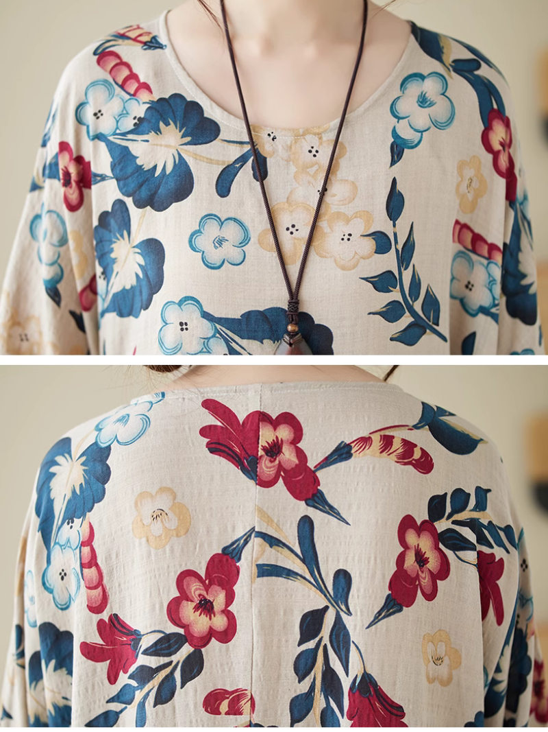 Floral Print Round Neck Long Sleeve Tiered Maxi Dress 2