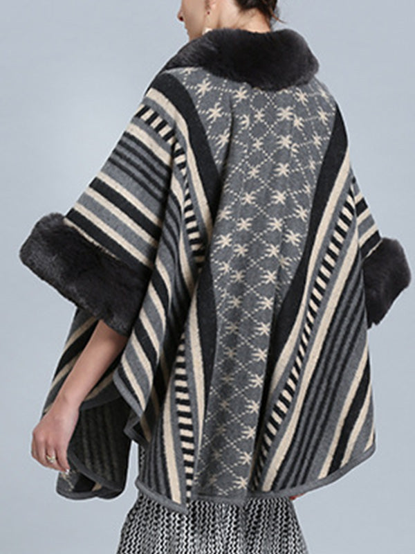 Stripe Bordeus Fluffy Neck Plus Size Cape Cardigan 6