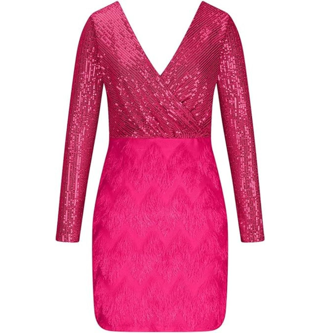 Sequin Deep V-Neck Wrap Long Sleeve Textured Skirt Mini Dress - View 8