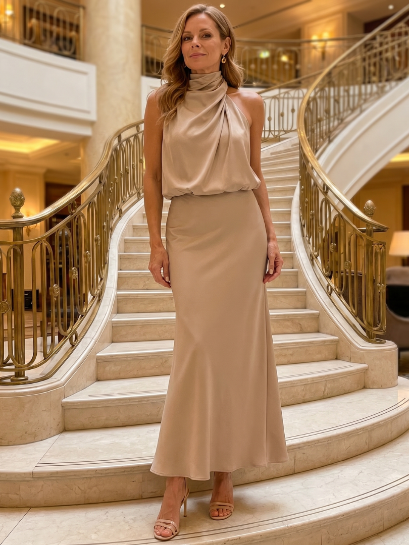 Halter Neck Draped Satin Maxi Gown 14