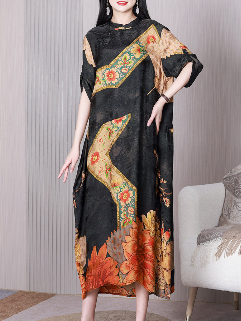 Floral Stand Collar Short Sleeve Side-Slit Midi Dress 3