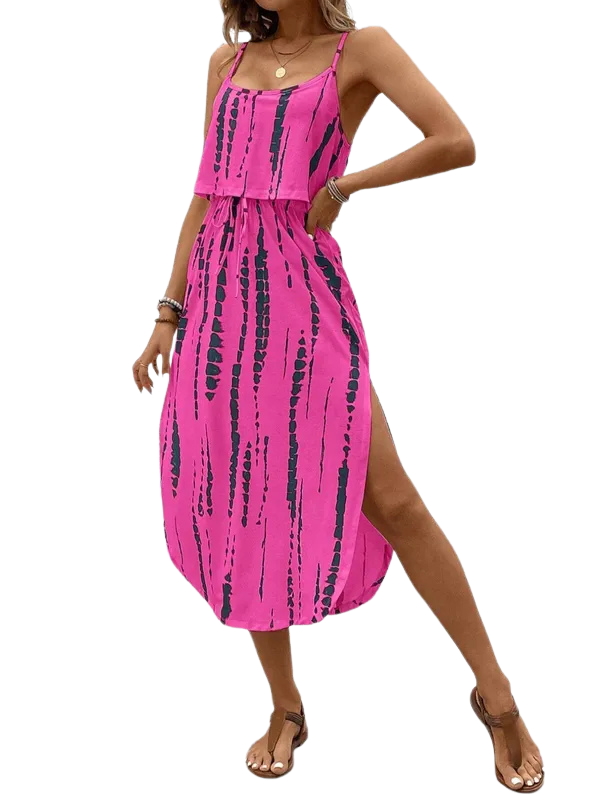 Scoop Neck Layered Split Print Cami Midi Dress 2