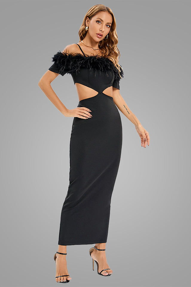 Cutout Feather Trim Spaghetti Strap Dress - Fashionpara