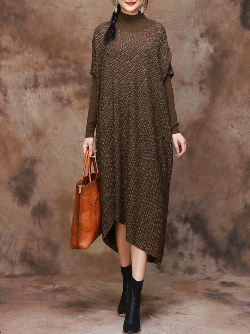 Plus Size Knitted Loose Bat Sleeve Stripe Midi Dress for Women - Fashionpara