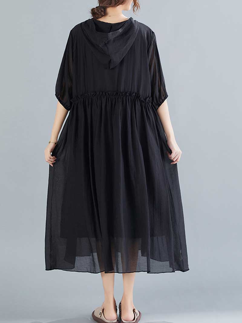 Plain Cotton Short Sleeves Hooded Style A-Line Dress 6