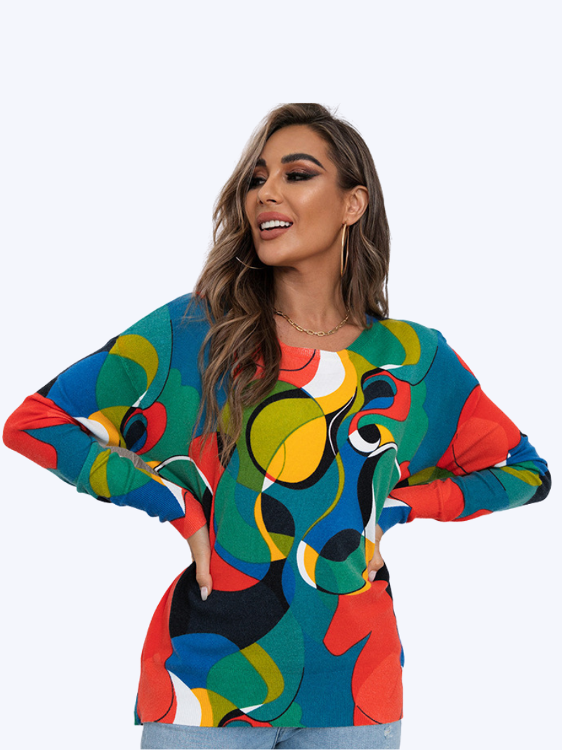 Autumn Large Size Printed Knitted Loose Pullover Round Neck Mid-Length Top 2