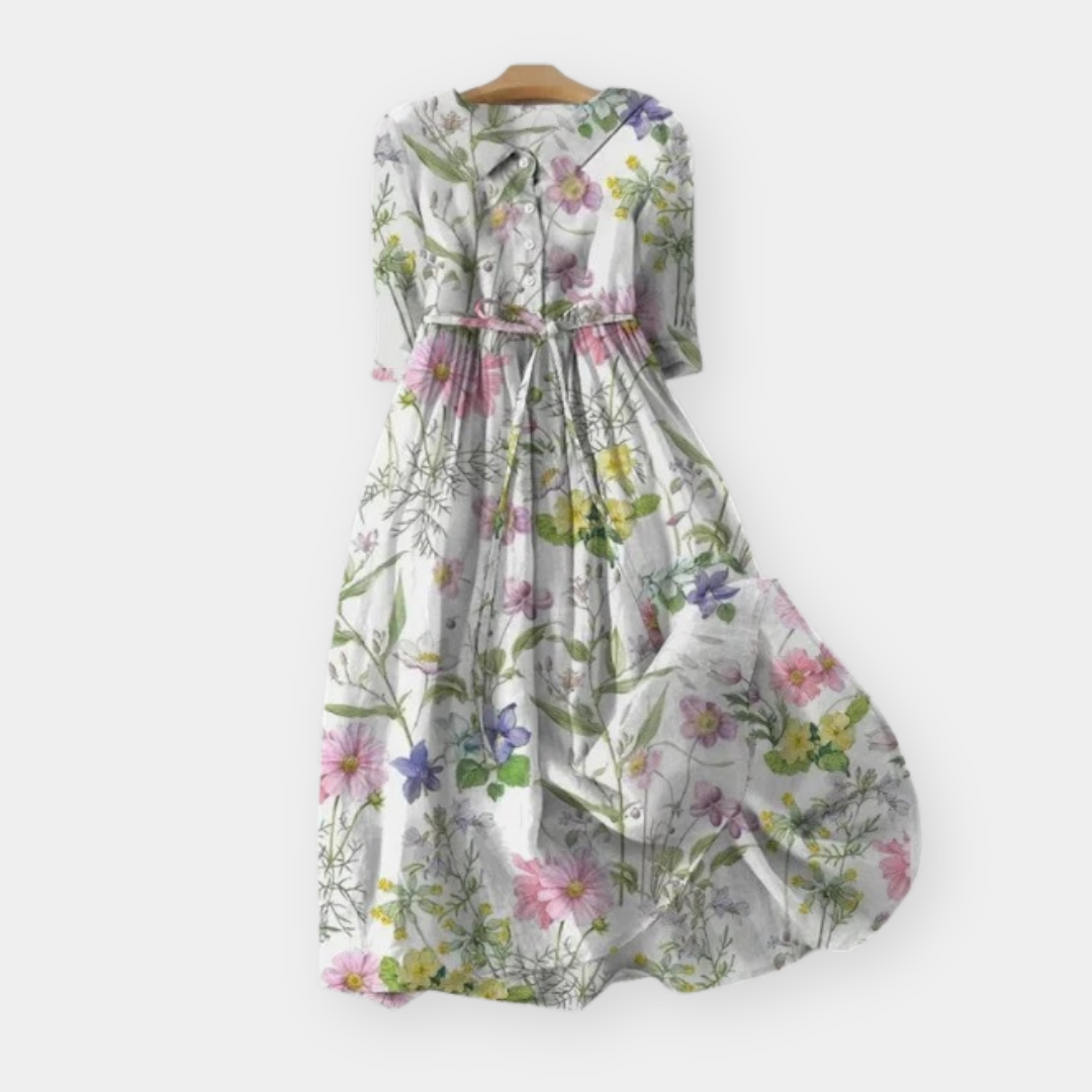 Floral Collared Half Sleeve Tie Waist Midi Dress