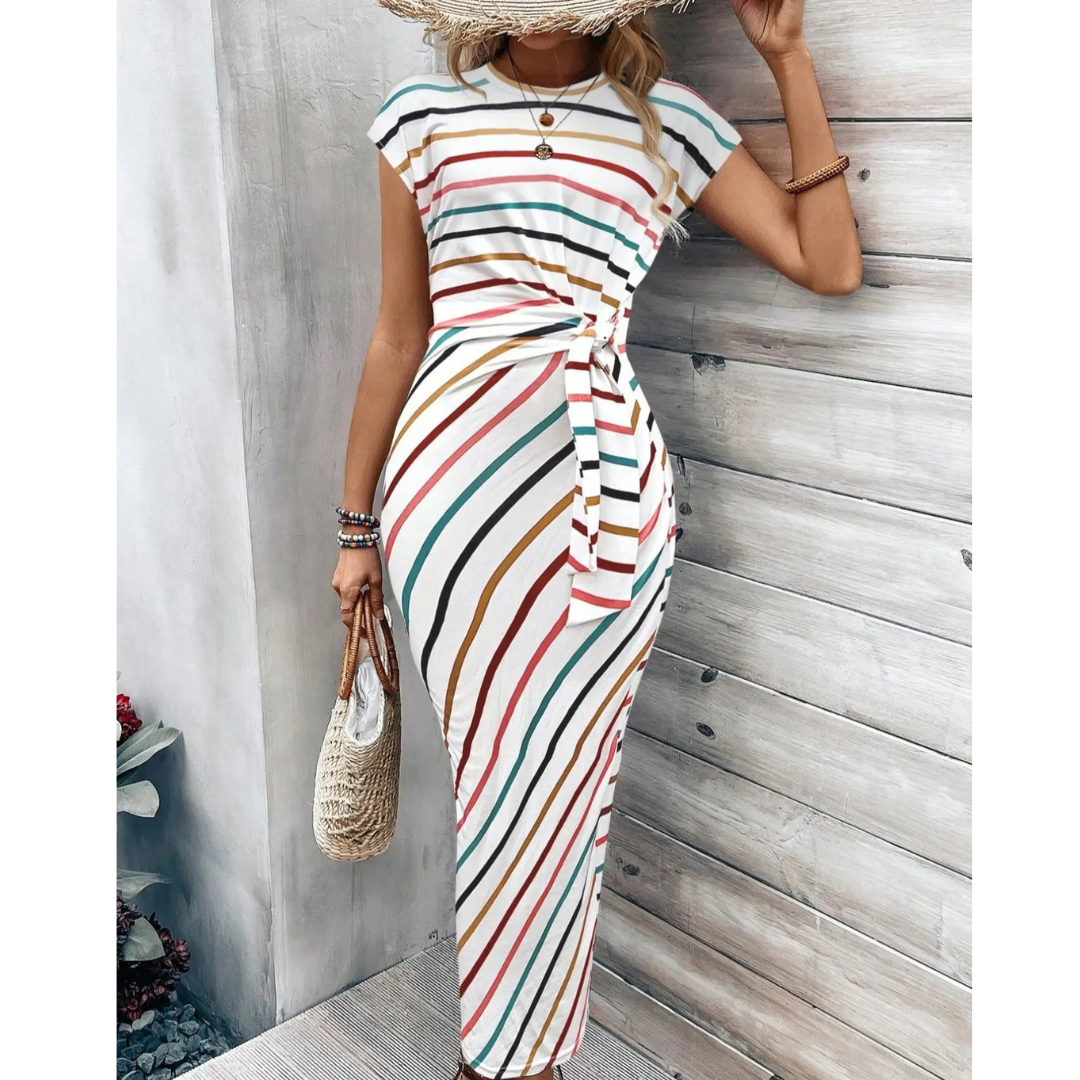 Striped Cap Sleeve Twist Front Bodycon Midi Dress 12