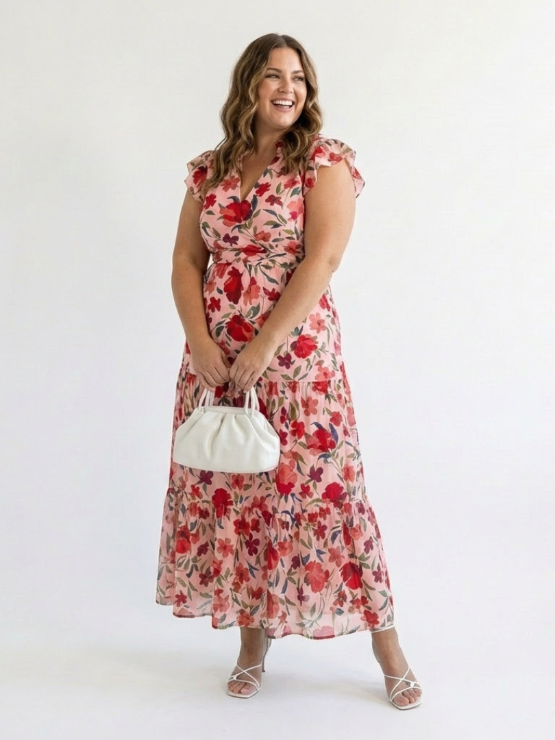 Floral Ruffle Sleeve Split Neck Tiered Maxi Dress 9