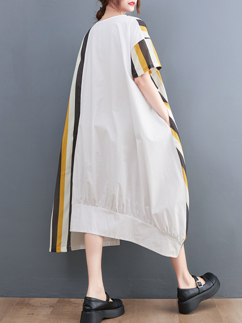 Striped Polka-Dot Round Neck Short Sleeve Cocoon Midi Dress 3