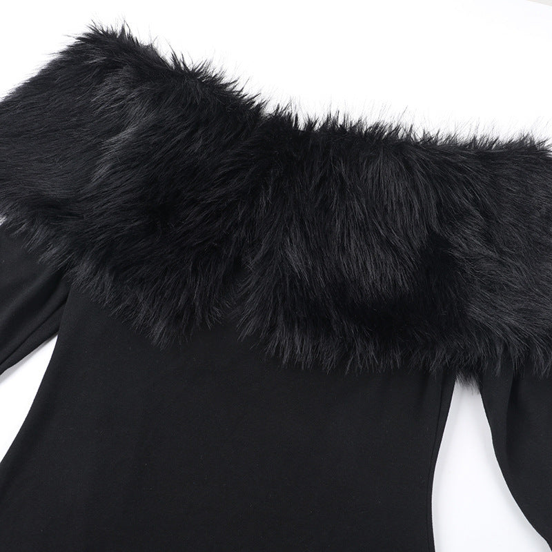Onyx Fur Midi Dress - Black