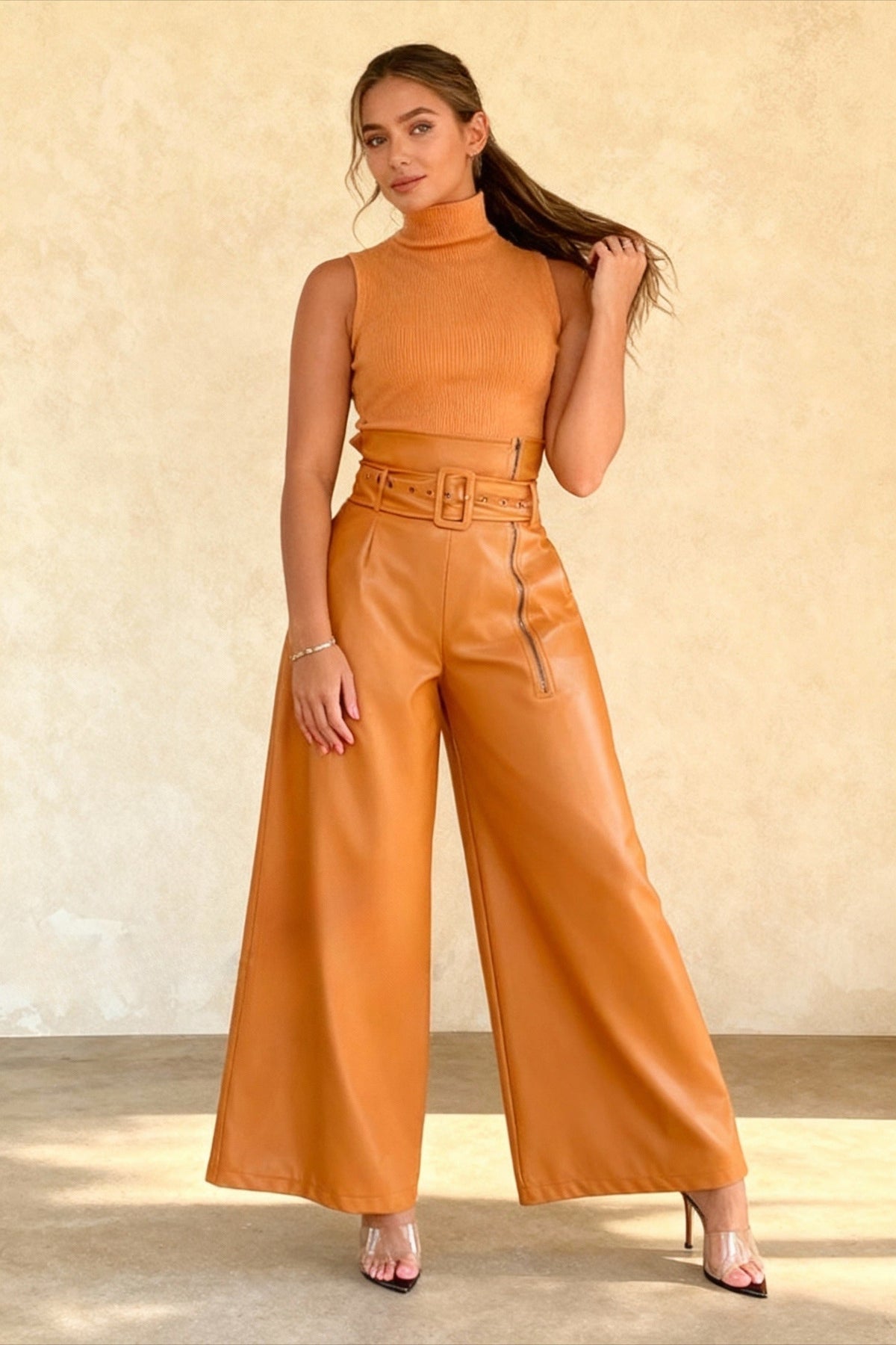 High-Waisted Slim Leather Pant