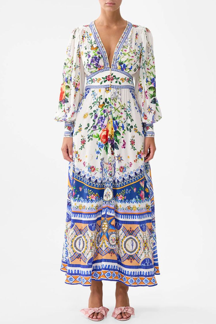 Printed V-neck Long-sleeved Puff Sleeve Waist Maxi Dress - Fashionpara