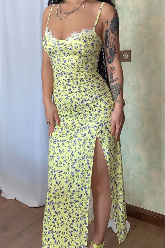 Floral Print Lace-Trim Sweetheart Spaghetti Strap Dress