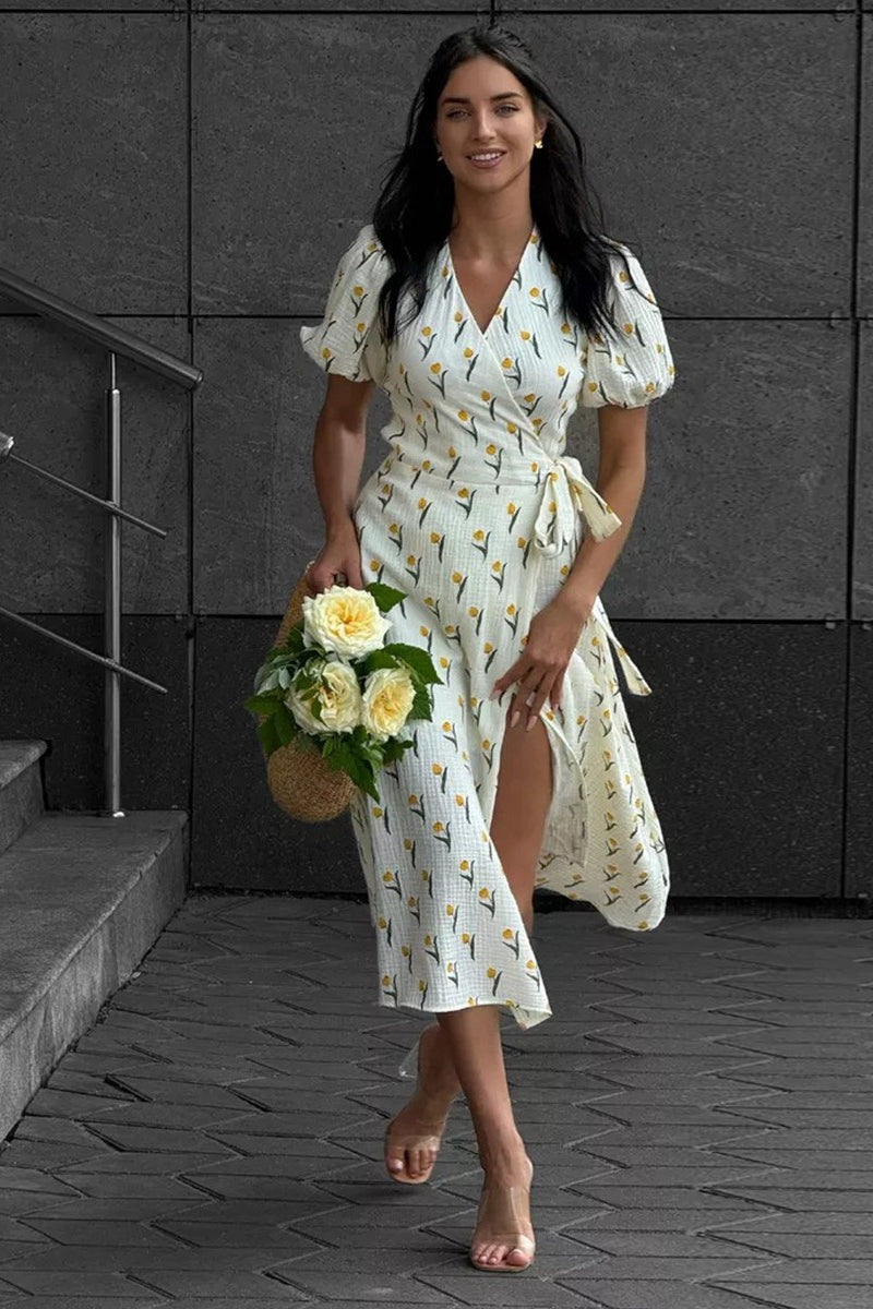 Floral V-Neck Puff Sleeve Wrap A-Line Midi Dress 14